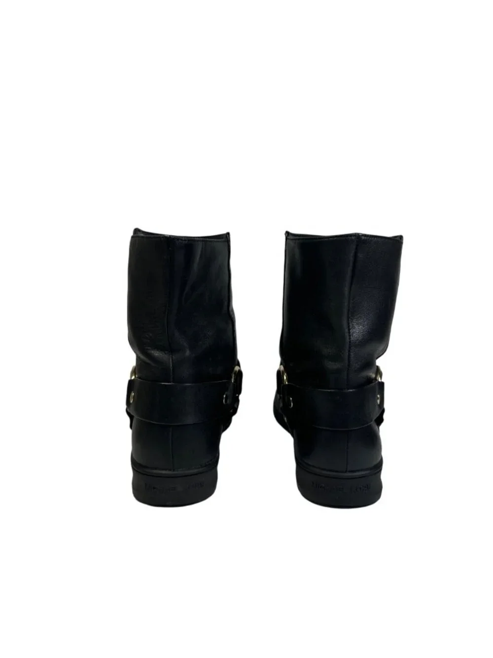 MICHAEL KORS ESSEX ICONIC BLACK GOLD LOGO MOTO BIKER BOOTS Size 7M - Picture 5 of 13
